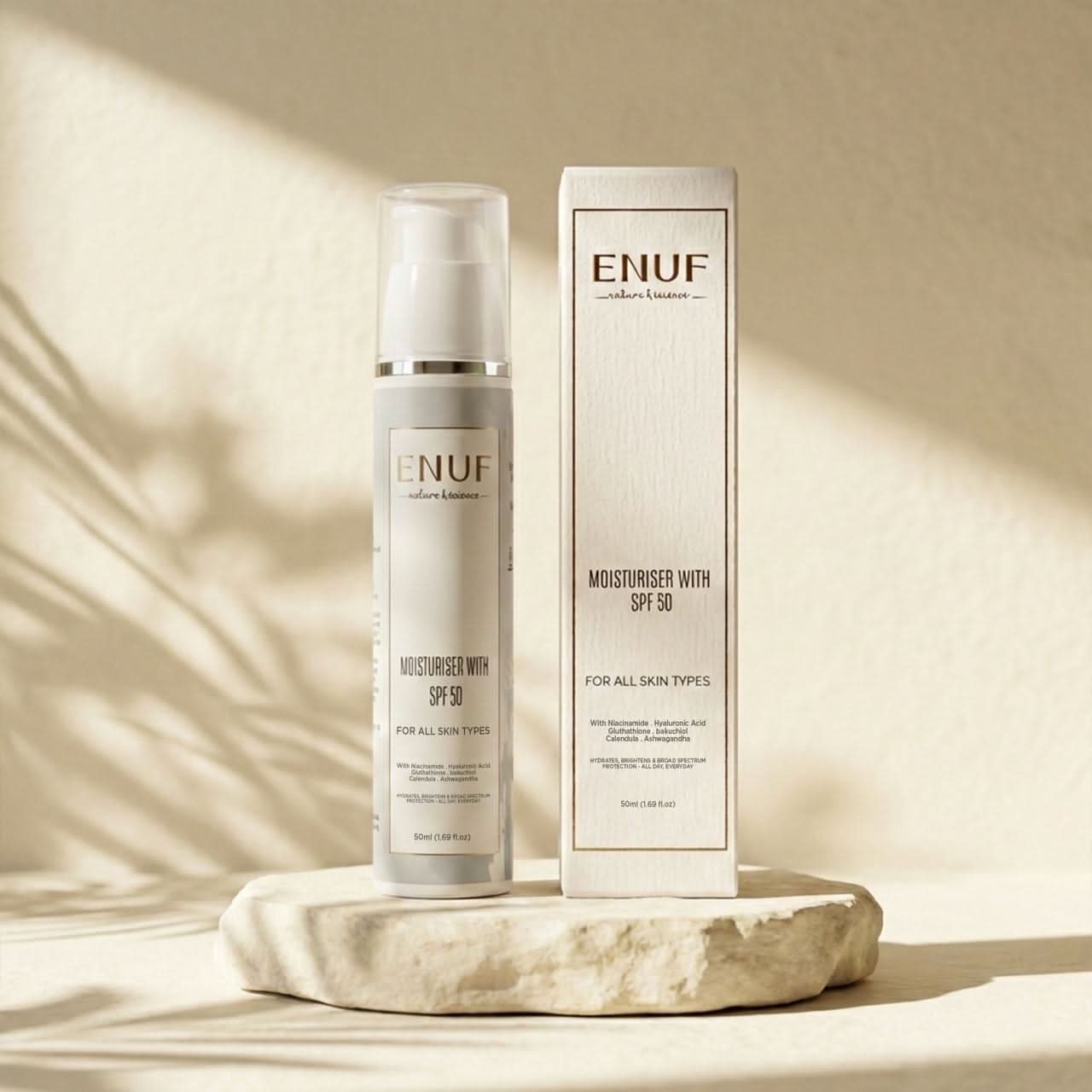 spf 50 moisturiser sunscreen for daily sun protection ENUF skincare
